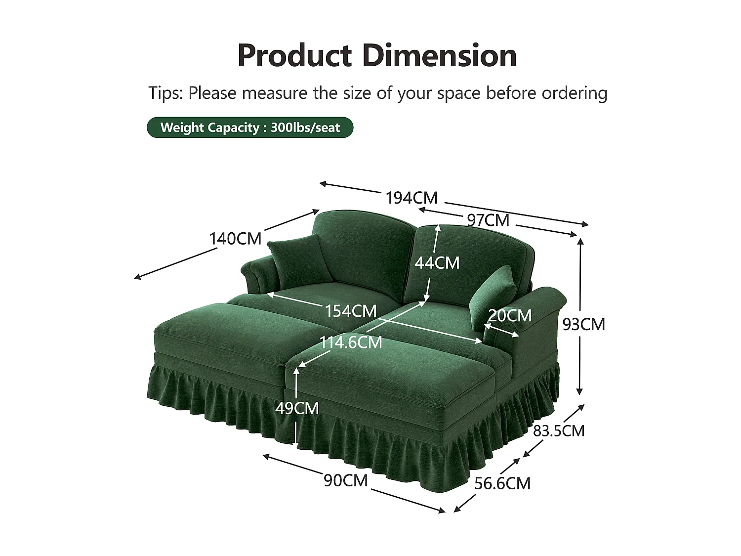 Canapé 2 places chesterfield en chenille vert - avec 2 pouf et 2 oreillers - cantonnière amovible - 194x140x93cm