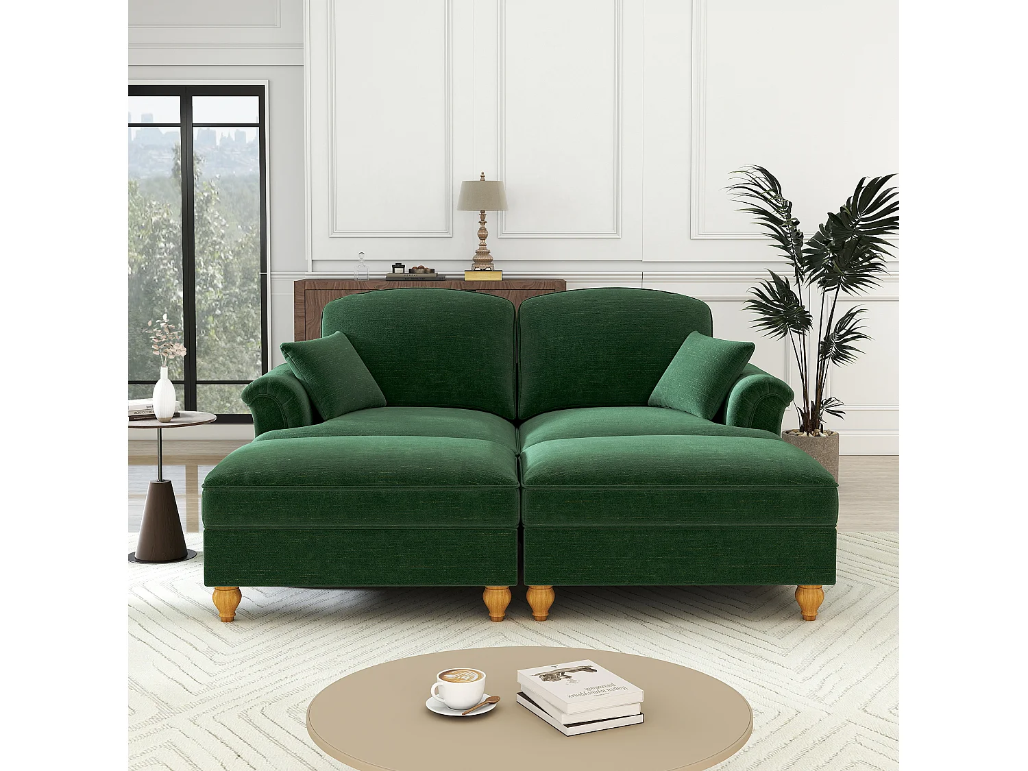 Canapé 2 places chesterfield en chenille vert - avec 2 pouf et 2 oreillers - cantonnière amovible - 194x140x93cm
