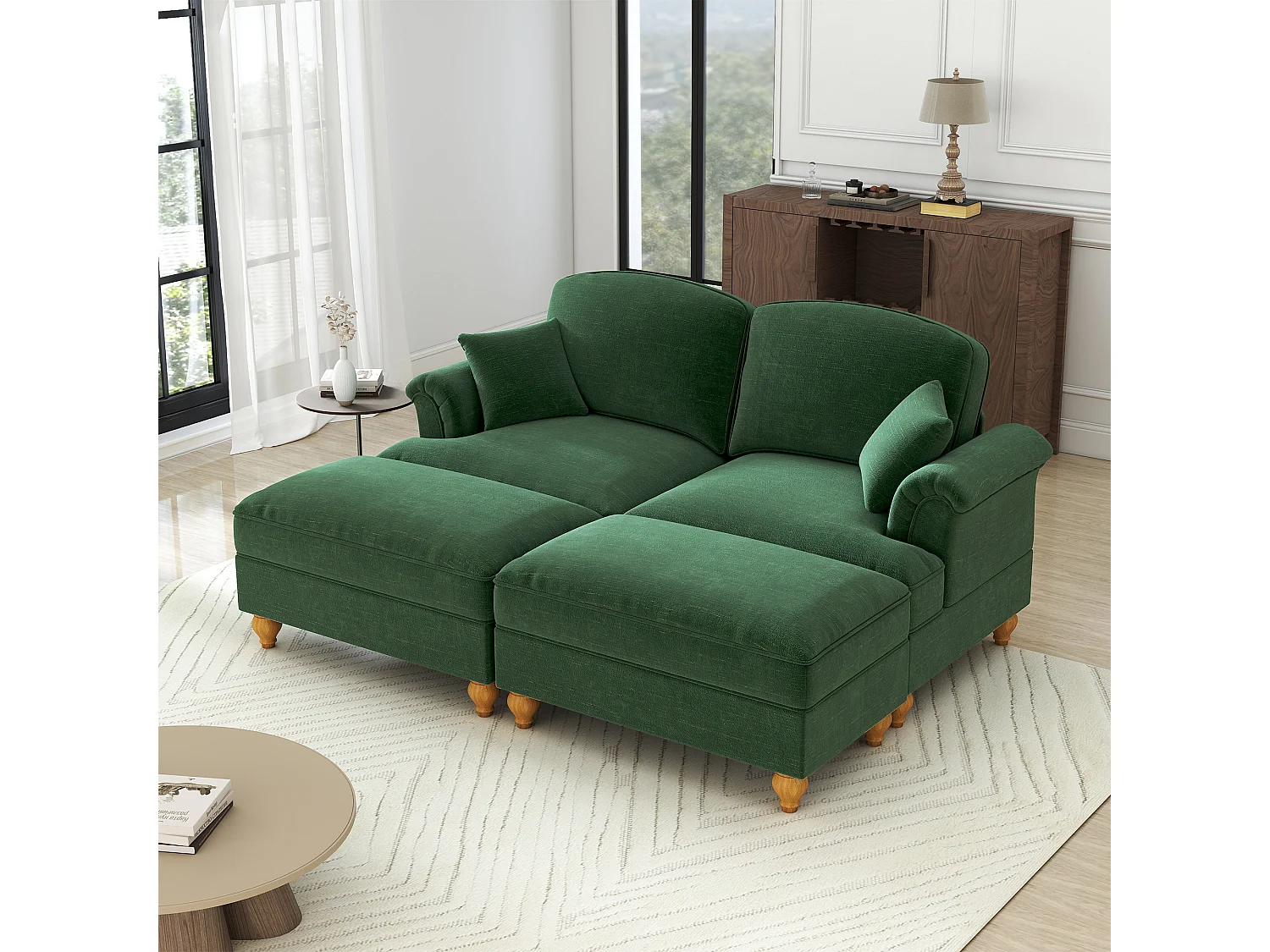 Canapé 2 places chesterfield en chenille vert - avec 2 pouf et 2 oreillers - cantonnière amovible - 194x140x93cm