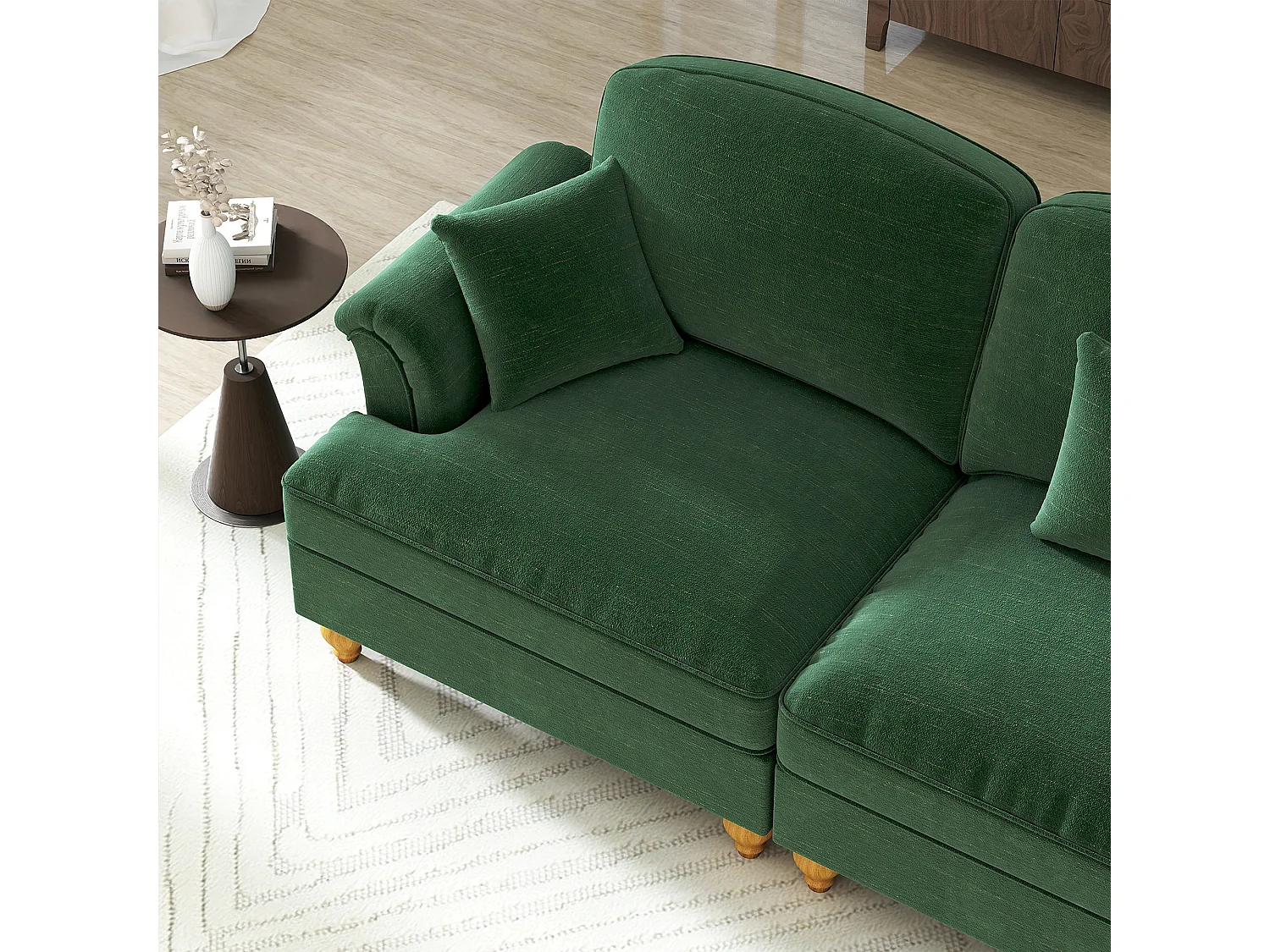 Canapé 2 places chesterfield en chenille vert - avec 2 pouf et 2 oreillers - cantonnière amovible - 194x140x93cm