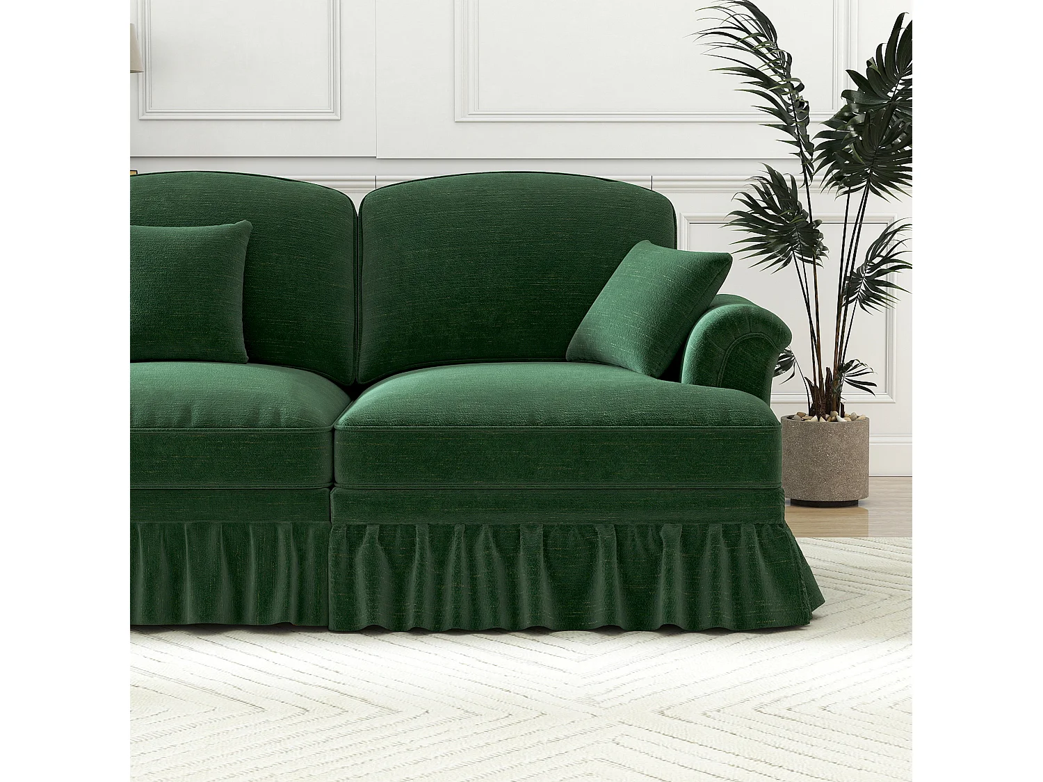 Canapé 2 places chesterfield en chenille vert - avec 2 pouf et 2 oreillers - cantonnière amovible - 194x140x93cm