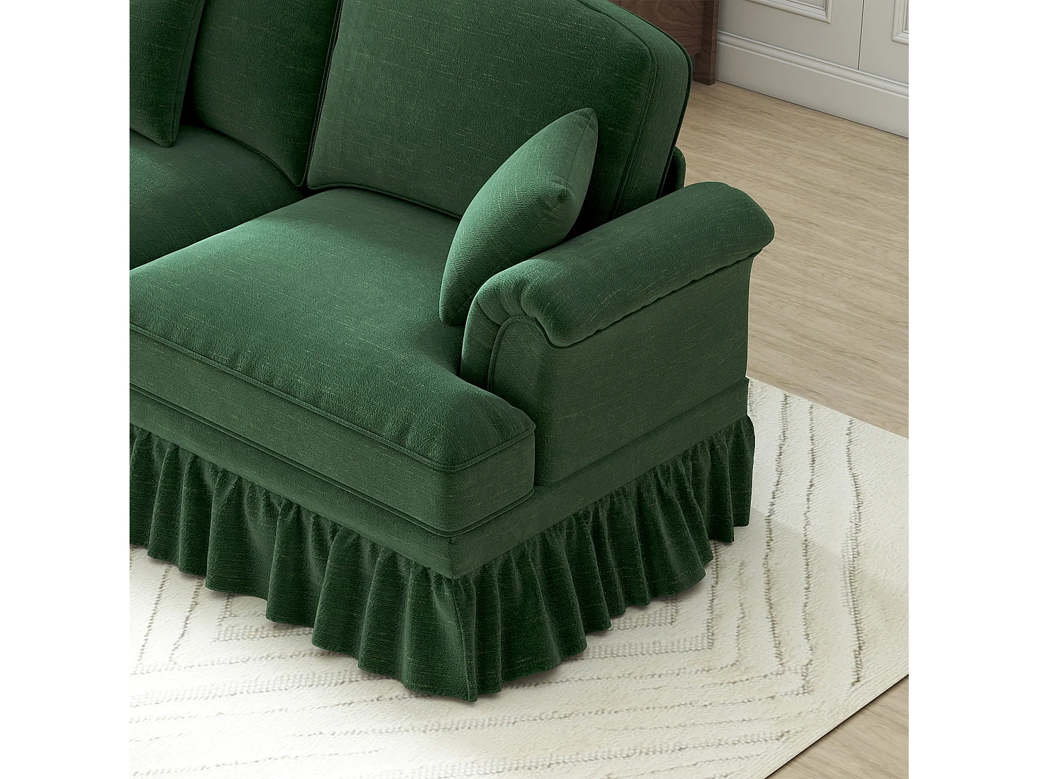 Canapé 2 places chesterfield en chenille vert - avec 2 pouf et 2 oreillers - cantonnière amovible - 194x140x93cm