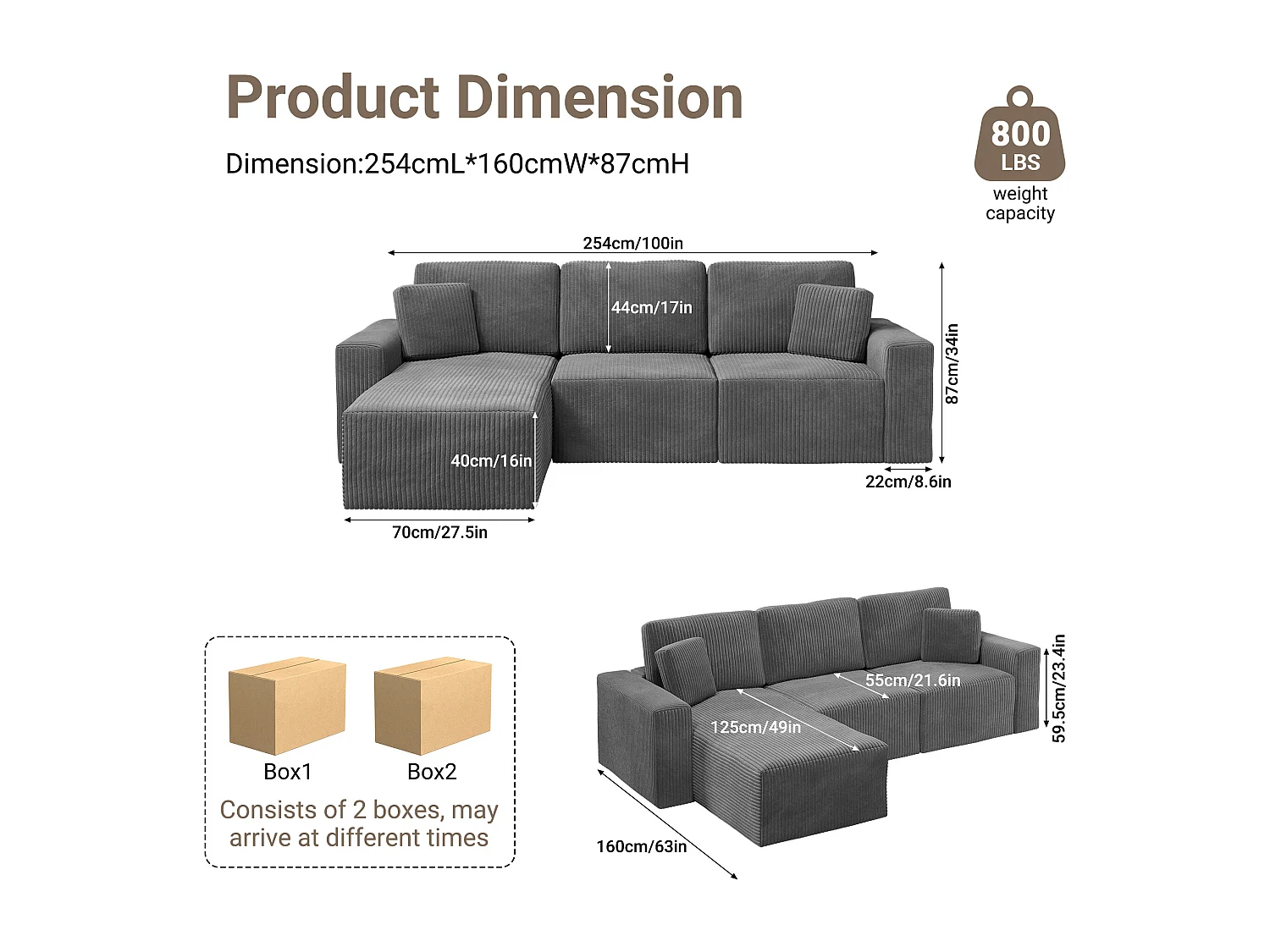 Canapé d'angle gauche modulable 3 places en velour côtelé, avec 2 oreillers, méridienne 70x125cm, Gris