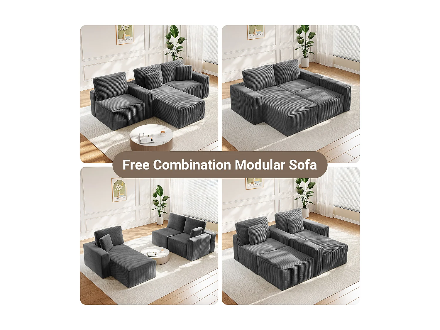 Canapé d'angle gauche modulable 3 places en velour côtelé, avec 2 oreillers, méridienne 70x125cm, Gris