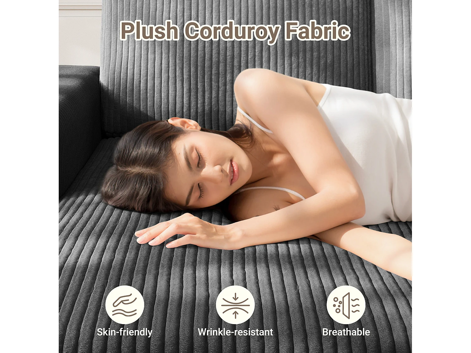 Canapé d'angle gauche modulable 3 places en velour côtelé, avec 2 oreillers, méridienne 70x125cm, Gris