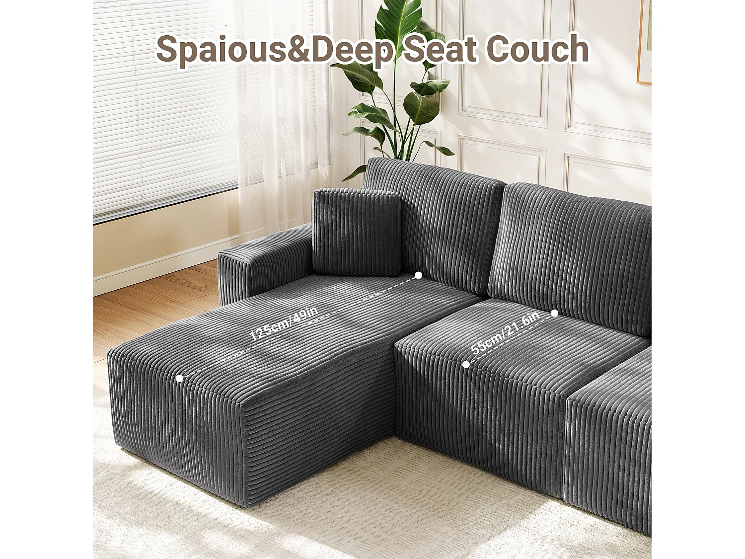 Canapé d'angle gauche modulable 3 places en velour côtelé, avec 2 oreillers, méridienne 70x125cm, Gris