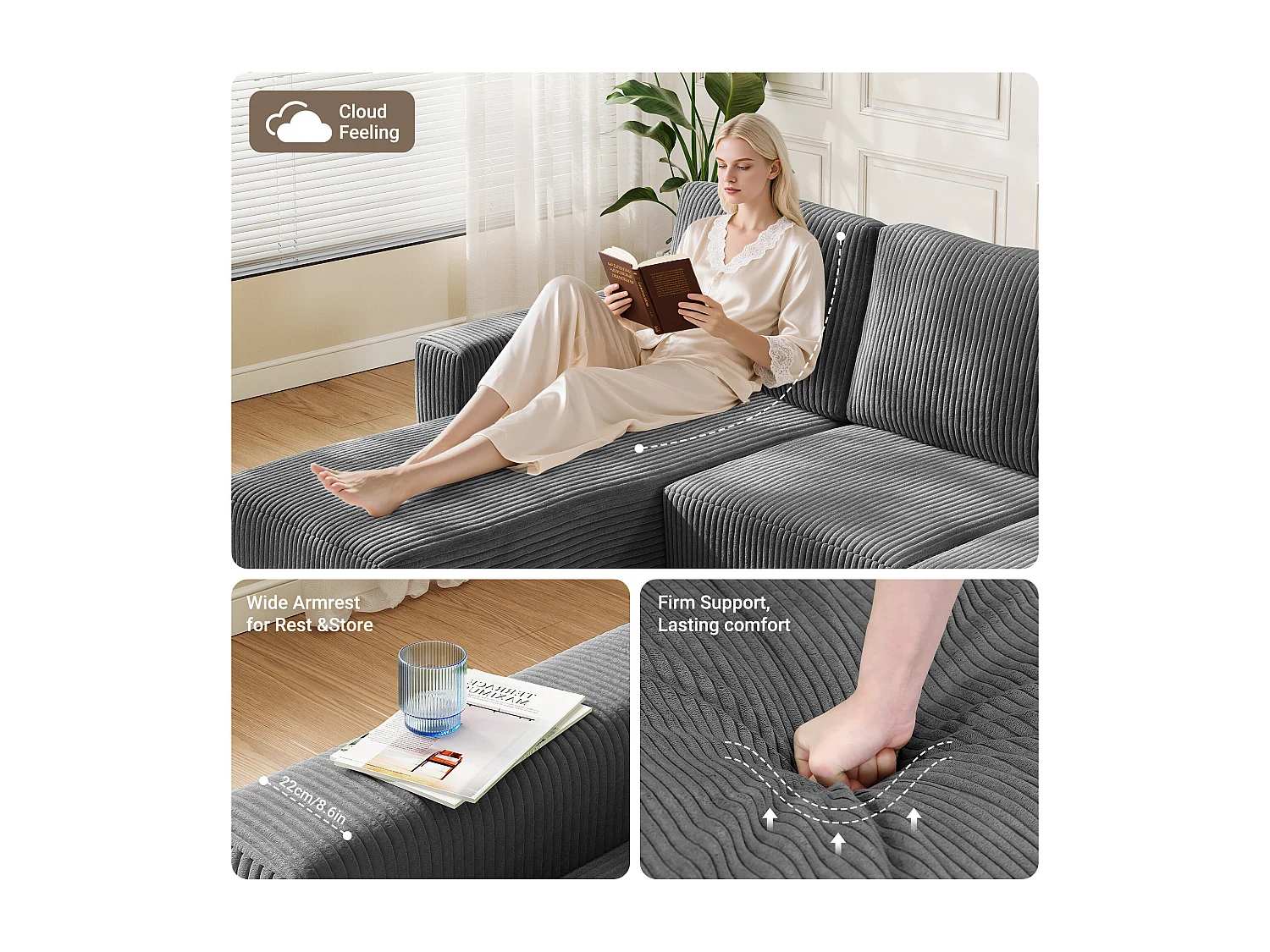 Canapé d'angle gauche modulable 3 places en velour côtelé, avec 2 oreillers, méridienne 70x125cm, Gris