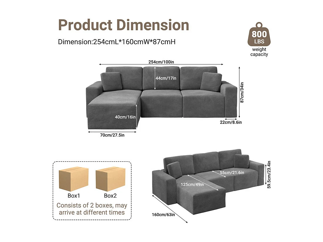 Canapé d'angle gauche modulable 3 places en velour côtelé, avec 2 oreillers, méridienne 70x125cm, Gris
