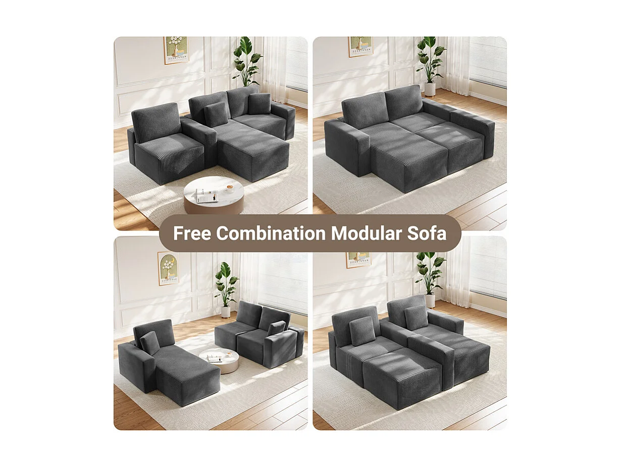 Canapé d'angle gauche modulable 3 places en velour côtelé, avec 2 oreillers, méridienne 70x125cm, Gris