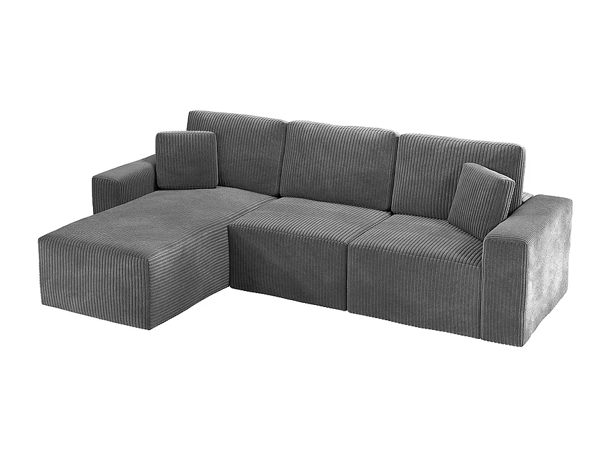Canapé d'angle gauche modulable 3 places en velour côtelé, avec 2 oreillers, méridienne 70x125cm, Gris