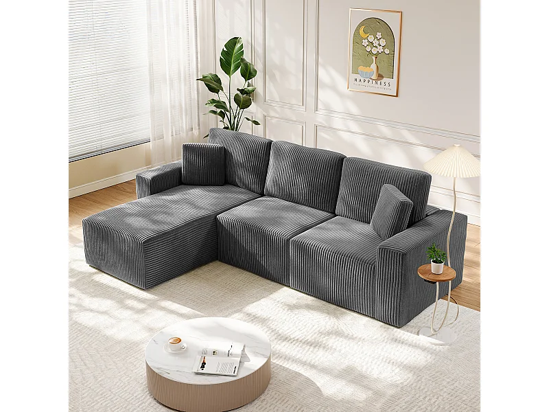 Canapé d'angle gauche modulable 3 places en velour côtelé, avec 2 oreillers, méridienne 70x125cm, Gris