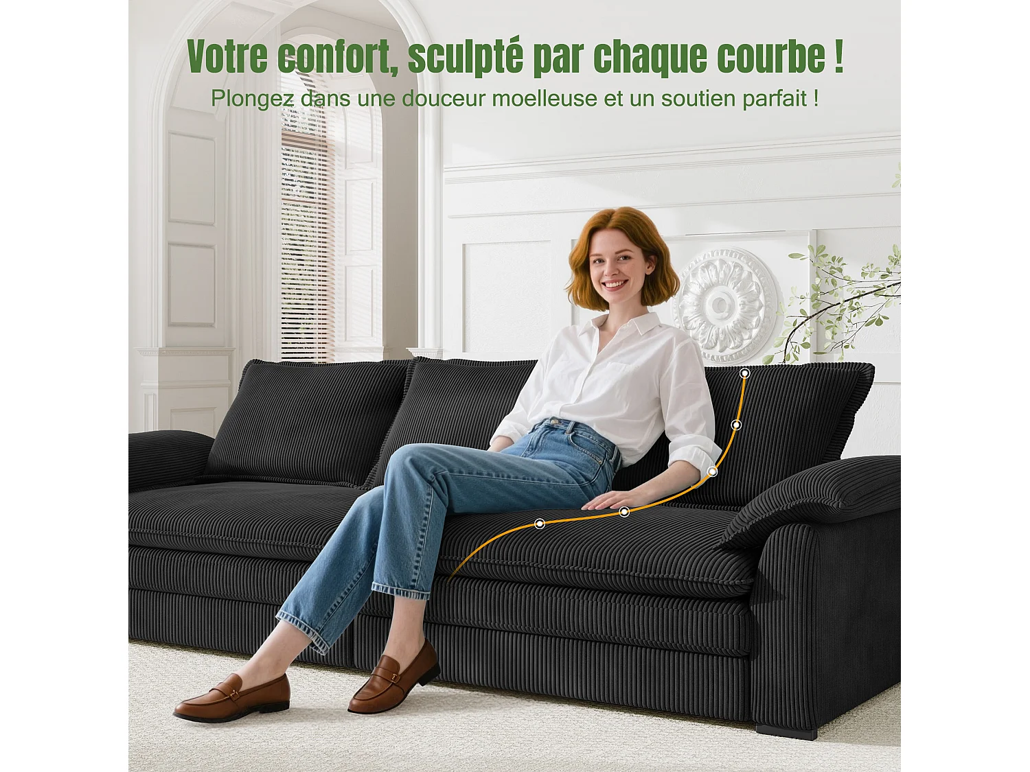 Sofá 3 lugares em veludo cotelê, com 2 almofadas de braço, removíveis e laváveis, 265x86x88cm, Verde