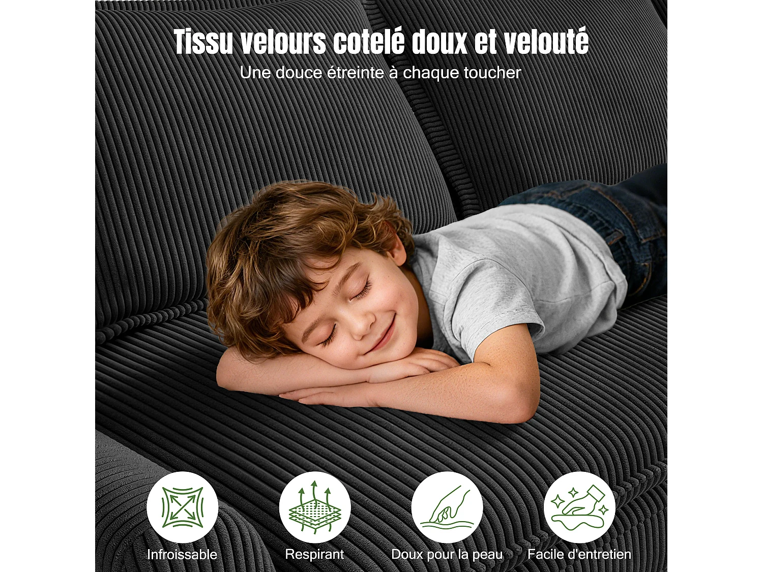 Sofá 3 lugares em veludo cotelê, com 2 almofadas de braço, removíveis e laváveis, 265x86x88cm, Verde