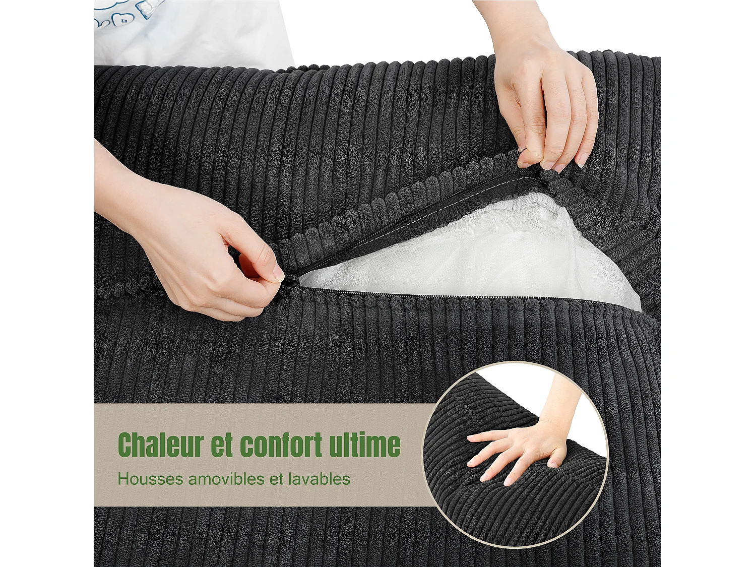 Sofá 3 lugares em veludo cotelê, com 2 almofadas de braço, removíveis e laváveis, 265x86x88cm, Verde