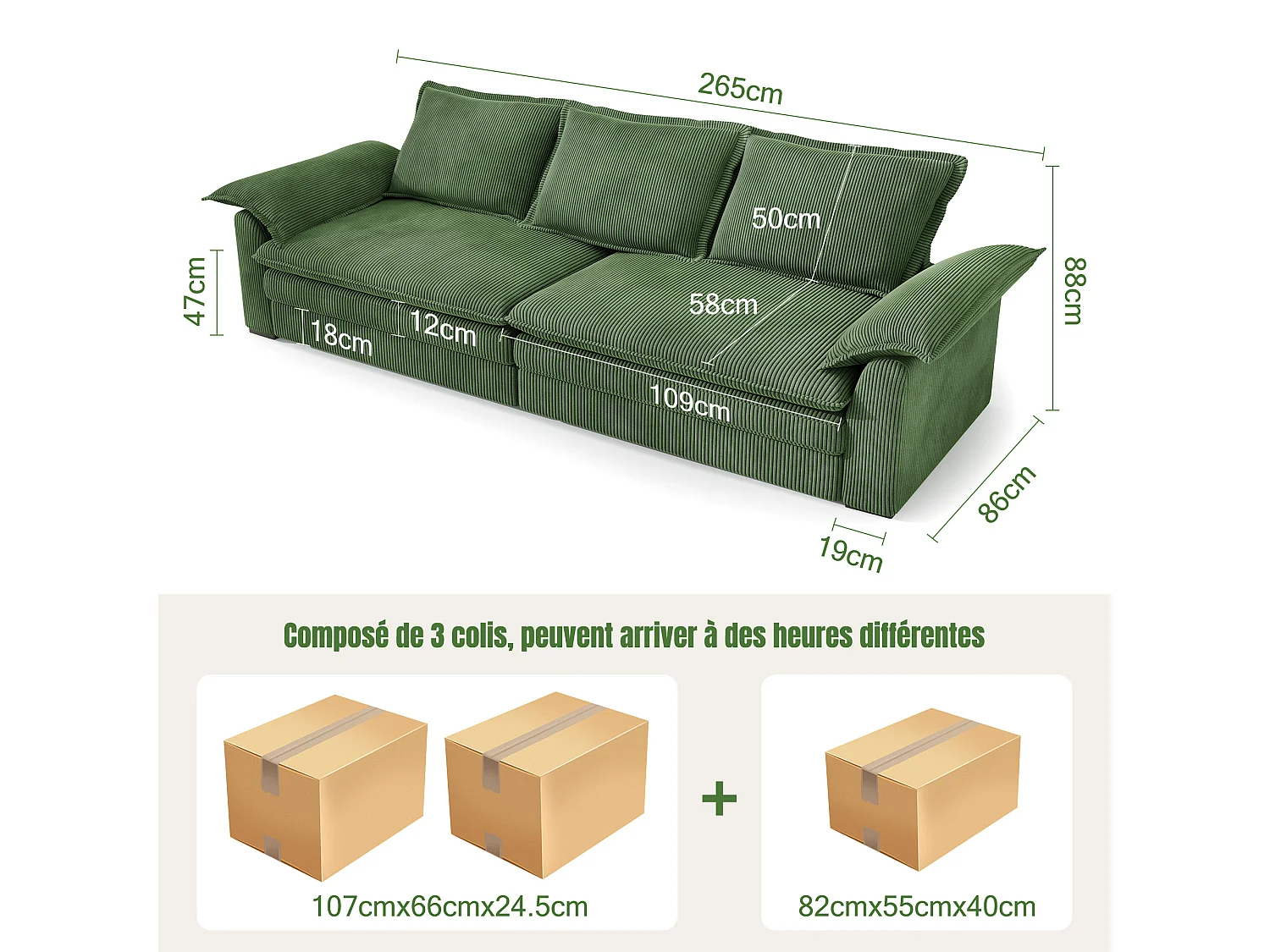 Sofa 3-sitzig in Rippvelours, mit 2 Armlehnkissen, abnehmbar und waschbar, 265x86x88cm, Grün