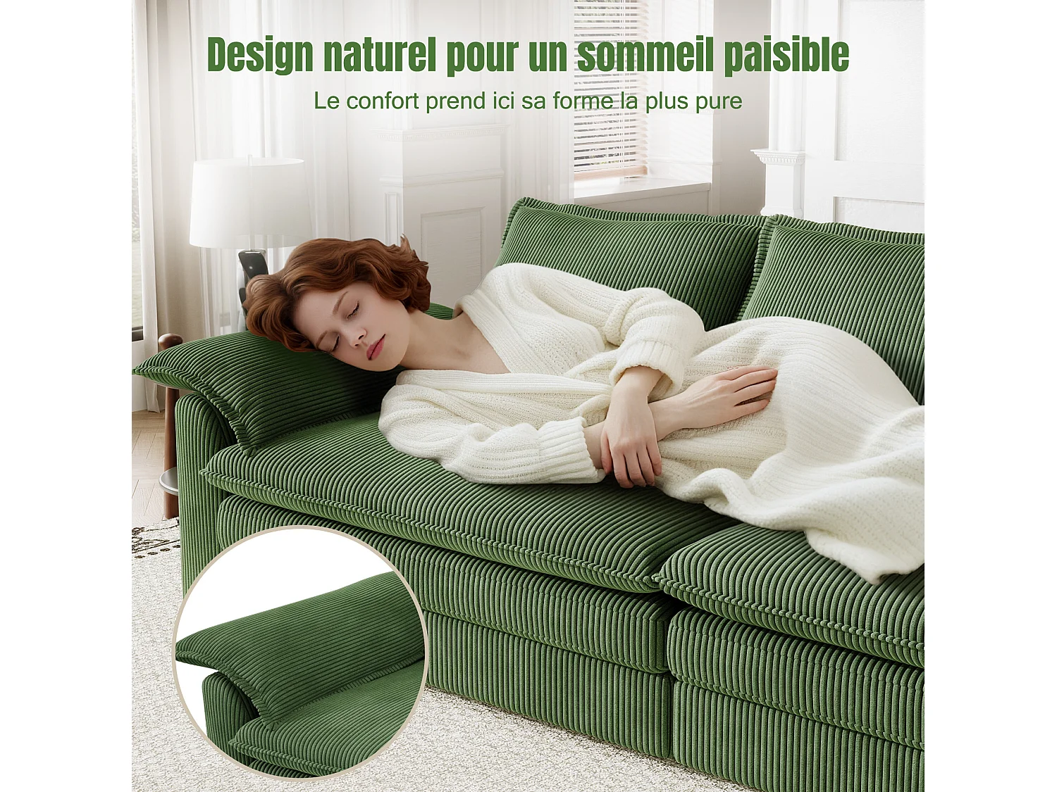 Sofa 3-sitzig in Rippvelours, mit 2 Armlehnkissen, abnehmbar und waschbar, 265x86x88cm, Grün