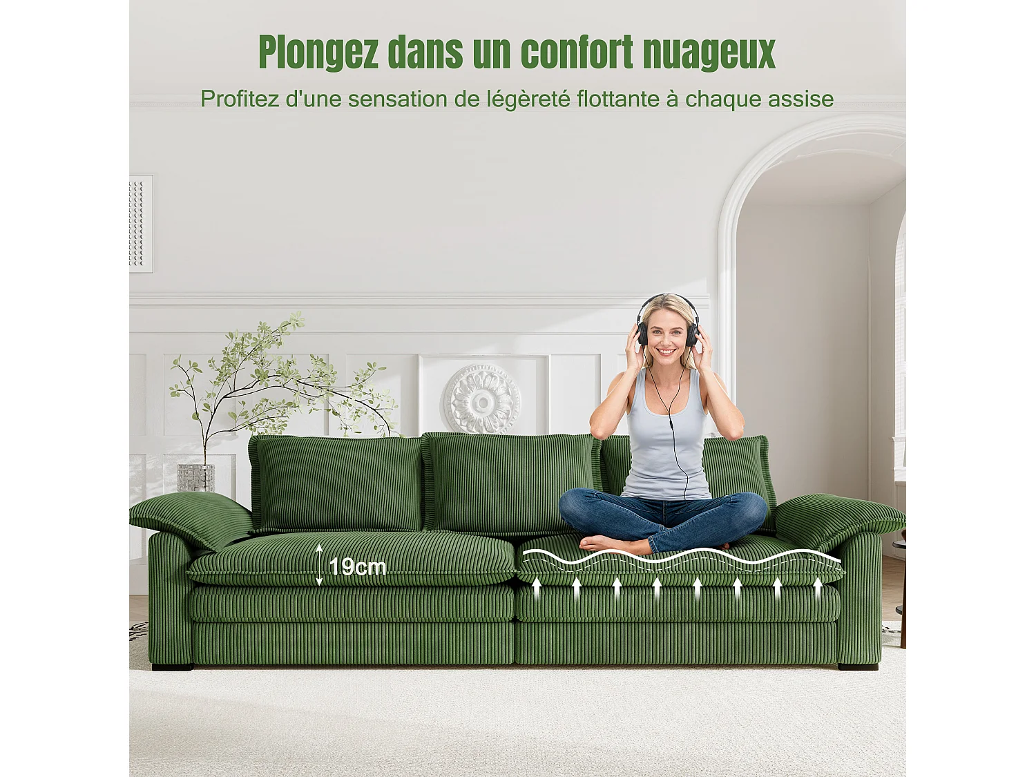 Sofa 3-sitzig in Rippvelours, mit 2 Armlehnkissen, abnehmbar und waschbar, 265x86x88cm, Grün