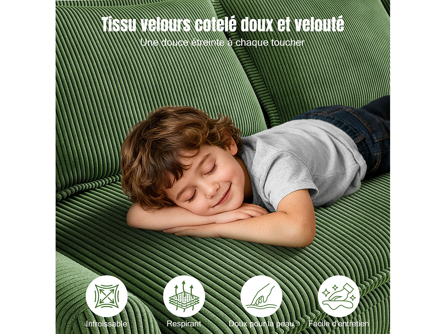 Sofa 3-sitzig in Rippvelours, mit 2 Armlehnkissen, abnehmbar und waschbar, 265x86x88cm, Grün