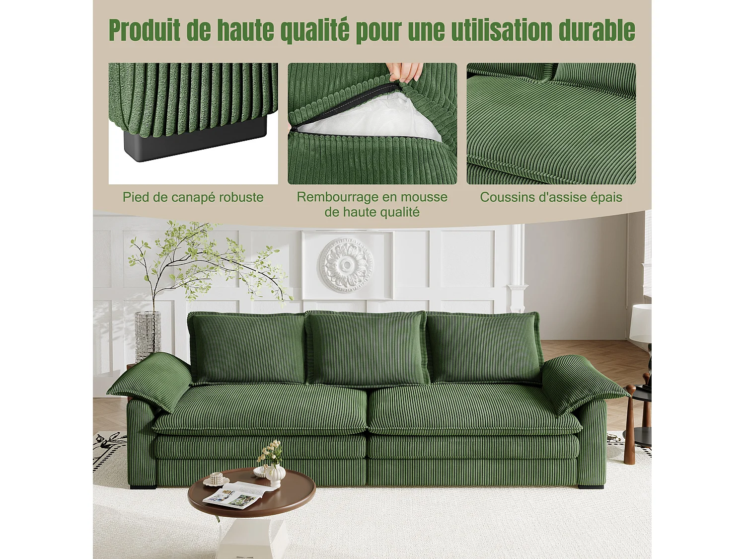 Sofa 3-sitzig in Rippvelours, mit 2 Armlehnkissen, abnehmbar und waschbar, 265x86x88cm, Grün