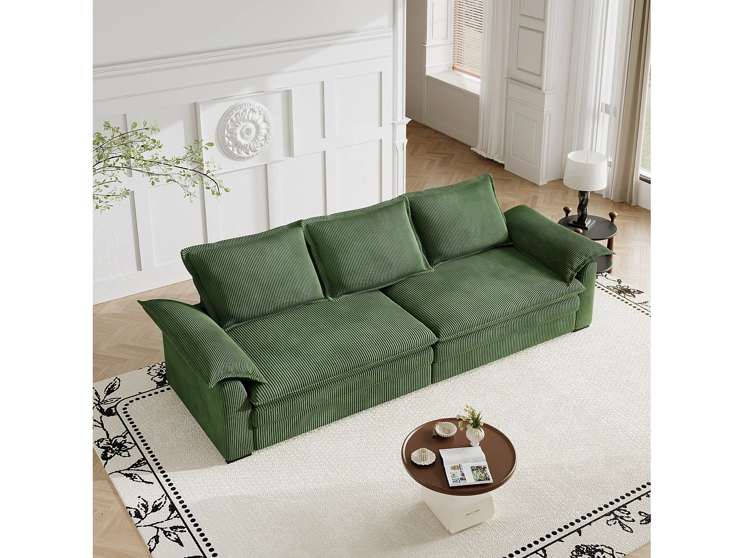 Sofa 3-sitzig in Rippvelours, mit 2 Armlehnkissen, abnehmbar und waschbar, 265x86x88cm, Grün