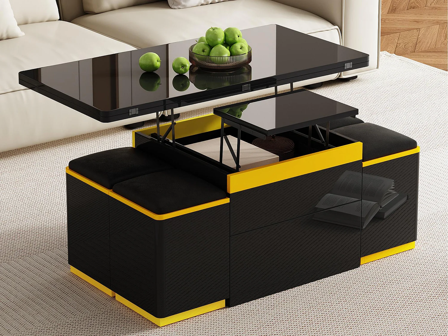 Nowoczesny stolik kawowy regulowany 100x50x43cm - z 4 taborecikami do przechowywania - 1 szuflada - Czarny