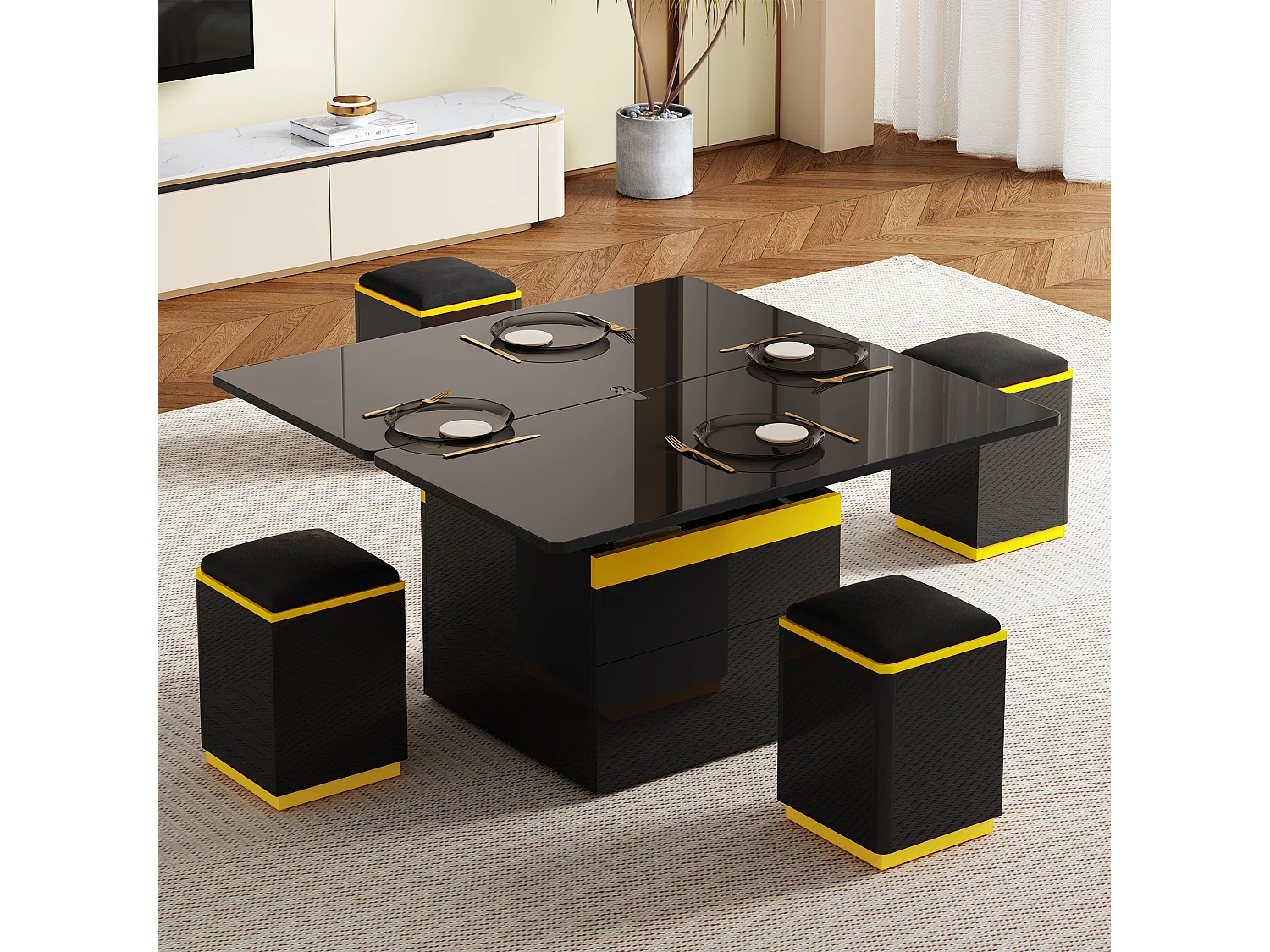 Nowoczesny stolik kawowy regulowany 100x50x43cm - z 4 taborecikami do przechowywania - 1 szuflada - Czarny