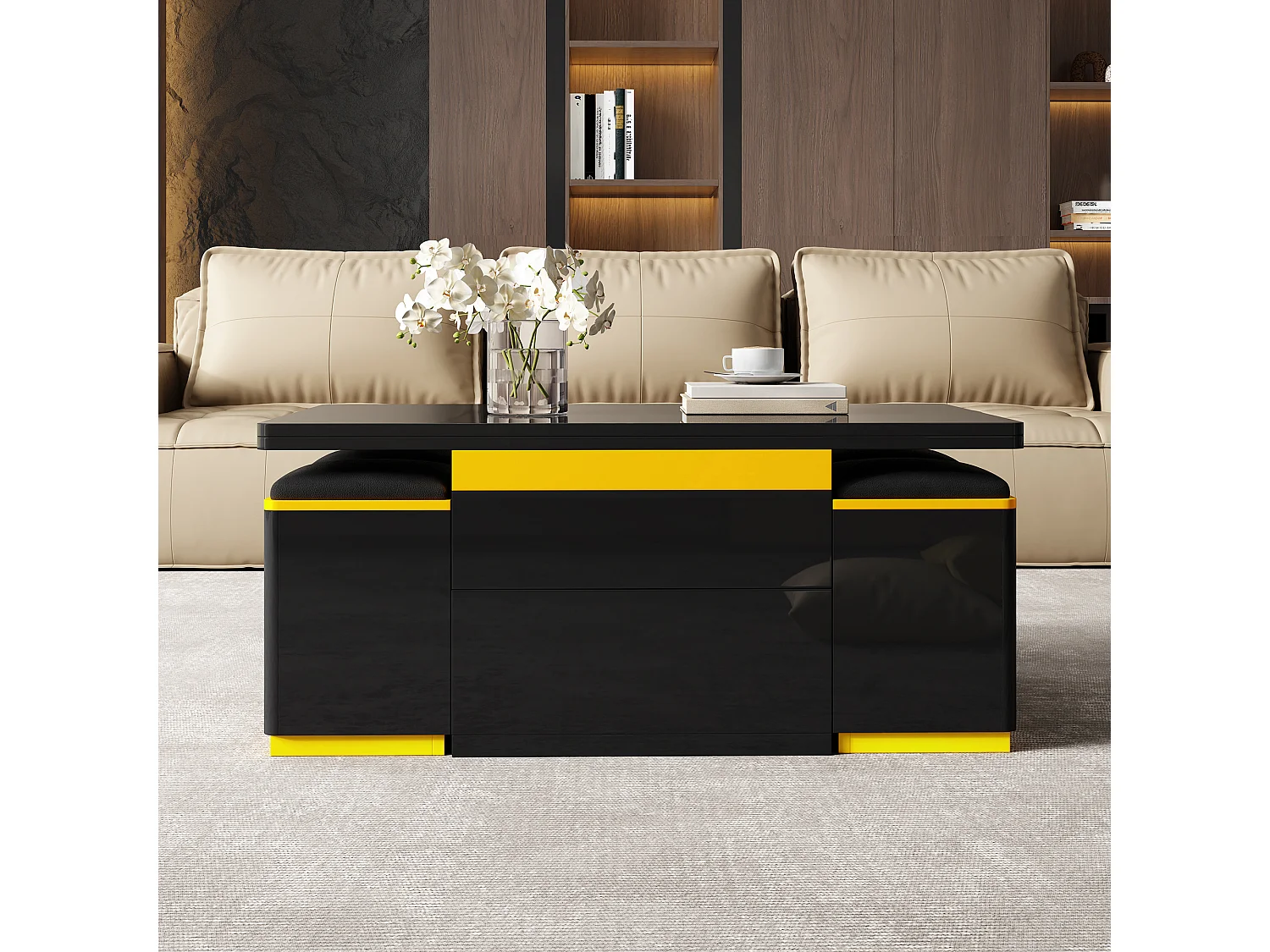 Nowoczesny stolik kawowy regulowany 100x50x43cm - z 4 taborecikami do przechowywania - 1 szuflada - Czarny