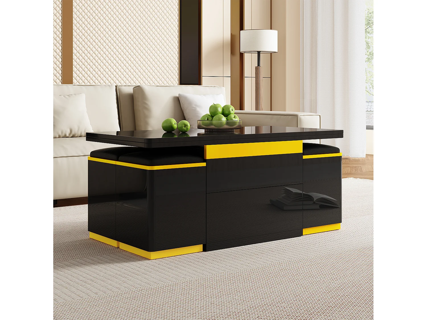 Nowoczesny stolik kawowy regulowany 100x50x43cm - z 4 taborecikami do przechowywania - 1 szuflada - Czarny