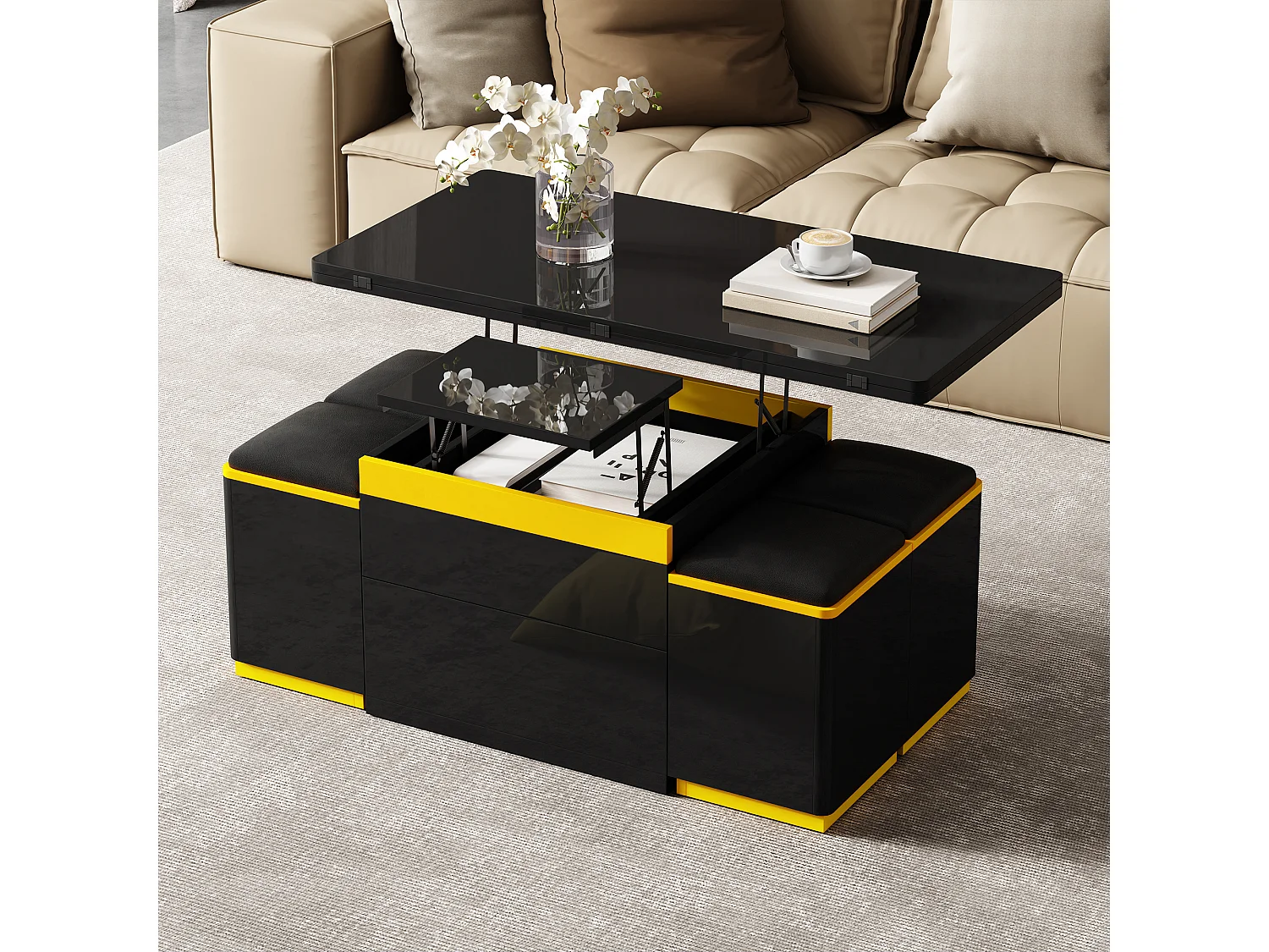 Nowoczesny stolik kawowy regulowany 100x50x43cm - z 4 taborecikami do przechowywania - 1 szuflada - Czarny