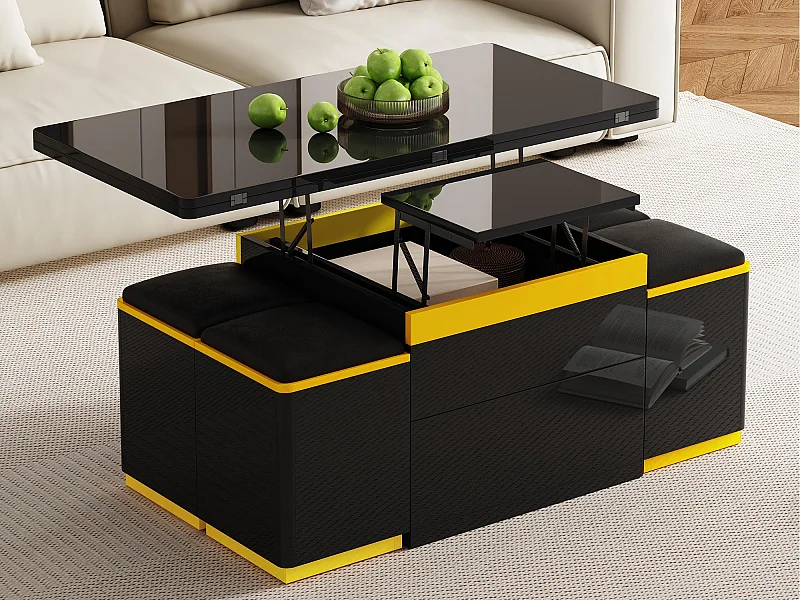 Nowoczesny stolik kawowy regulowany 100x50x43cm - z 4 taborecikami do przechowywania - 1 szuflada - Czarny