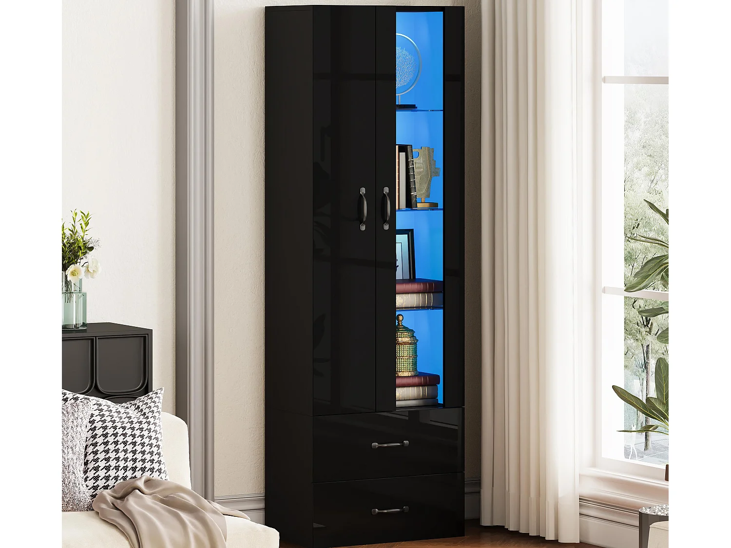 Vitrine 60x35x182 cm mit LED-Beleuchtung - 2 Türen und 2 Schubladen - Glastüren - Spanplatten - Schwarz