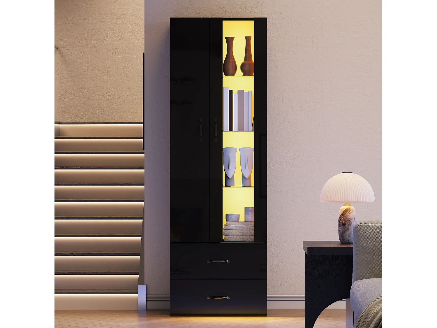 Vitrine 60x35x182 cm mit LED-Beleuchtung - 2 Türen und 2 Schubladen - Glastüren - Spanplatten - Schwarz