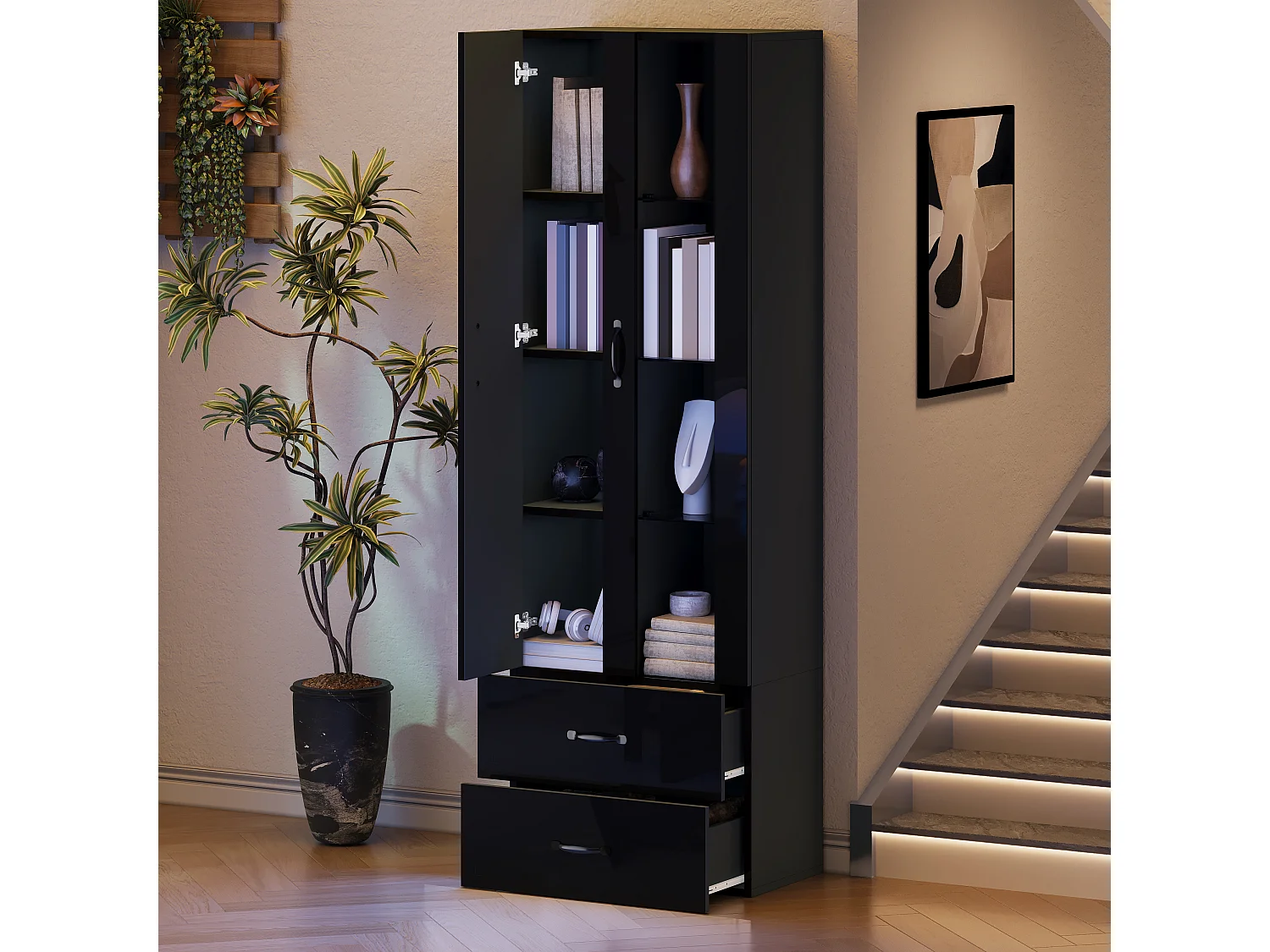 Vitrine 60x35x182 cm mit LED-Beleuchtung - 2 Türen und 2 Schubladen - Glastüren - Spanplatten - Schwarz