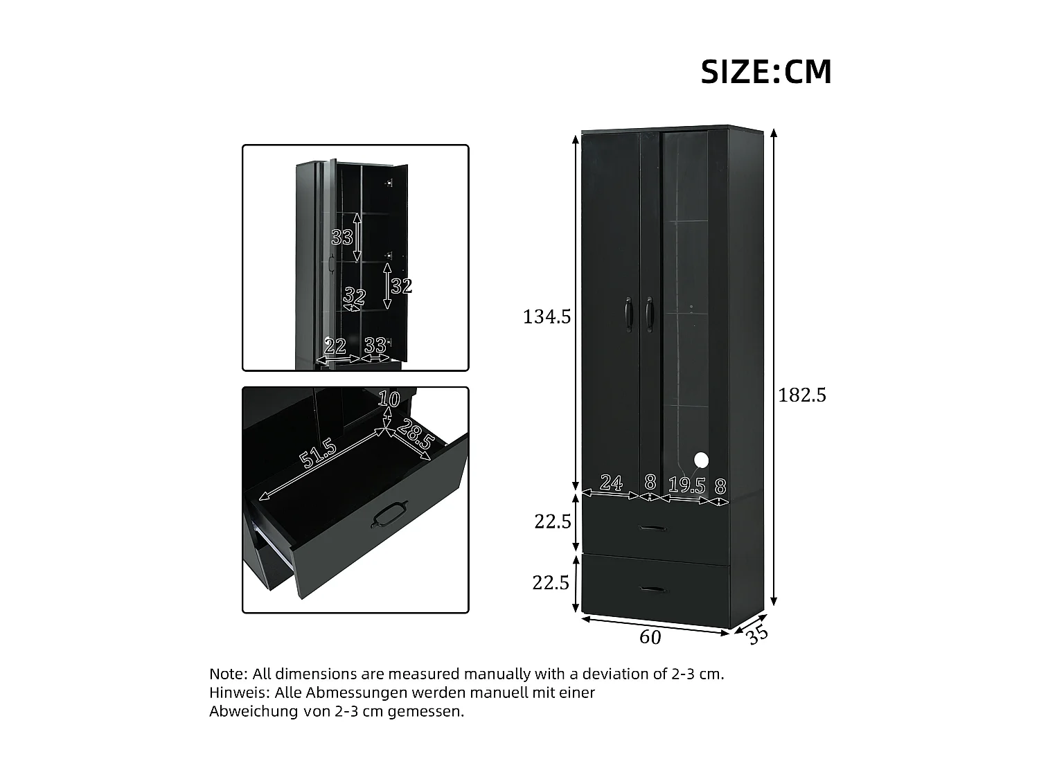 Vitrine 60x35x182 cm mit LED-Beleuchtung - 2 Türen und 2 Schubladen - Glastüren - Spanplatten - Schwarz