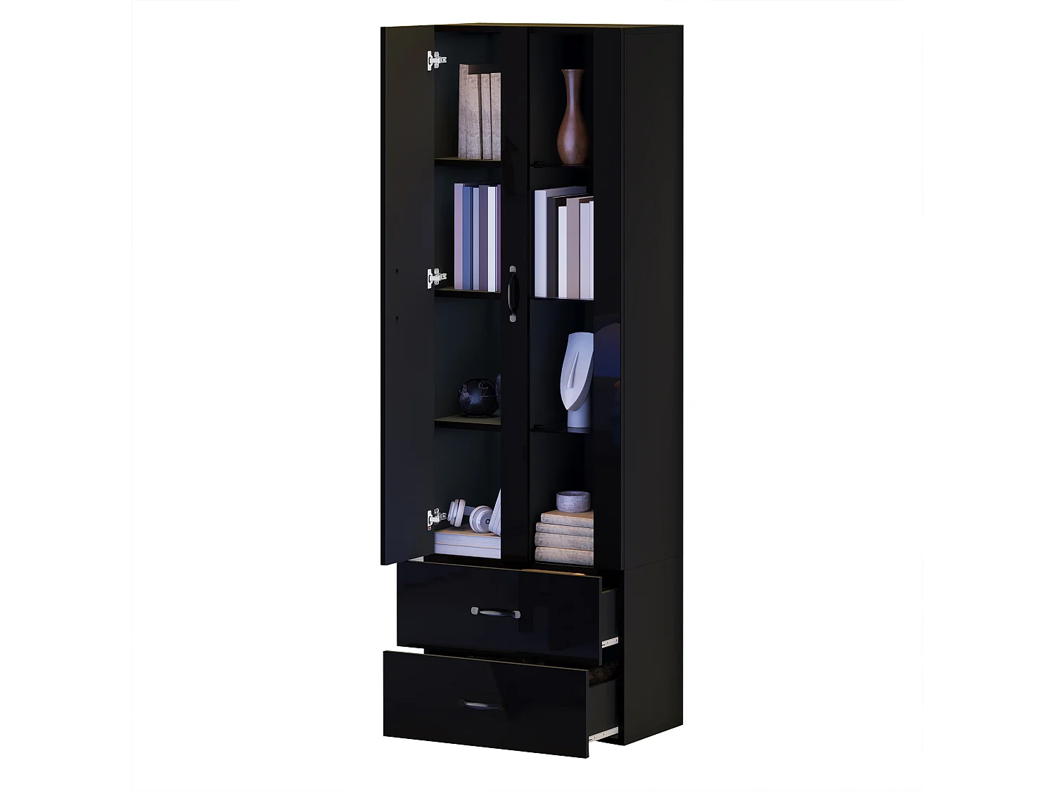 Vitrine 60x35x182 cm mit LED-Beleuchtung - 2 Türen und 2 Schubladen - Glastüren - Spanplatten - Schwarz