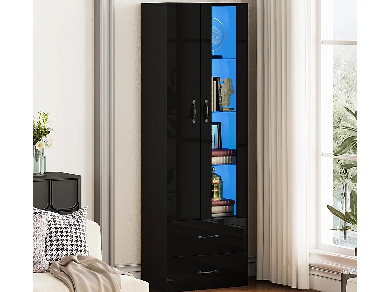 Vitrine 60x35x182 cm avec éclairage LED - 2 portes et 2 tiroirs - Portes vitrées - Panneaux de particules - Noir