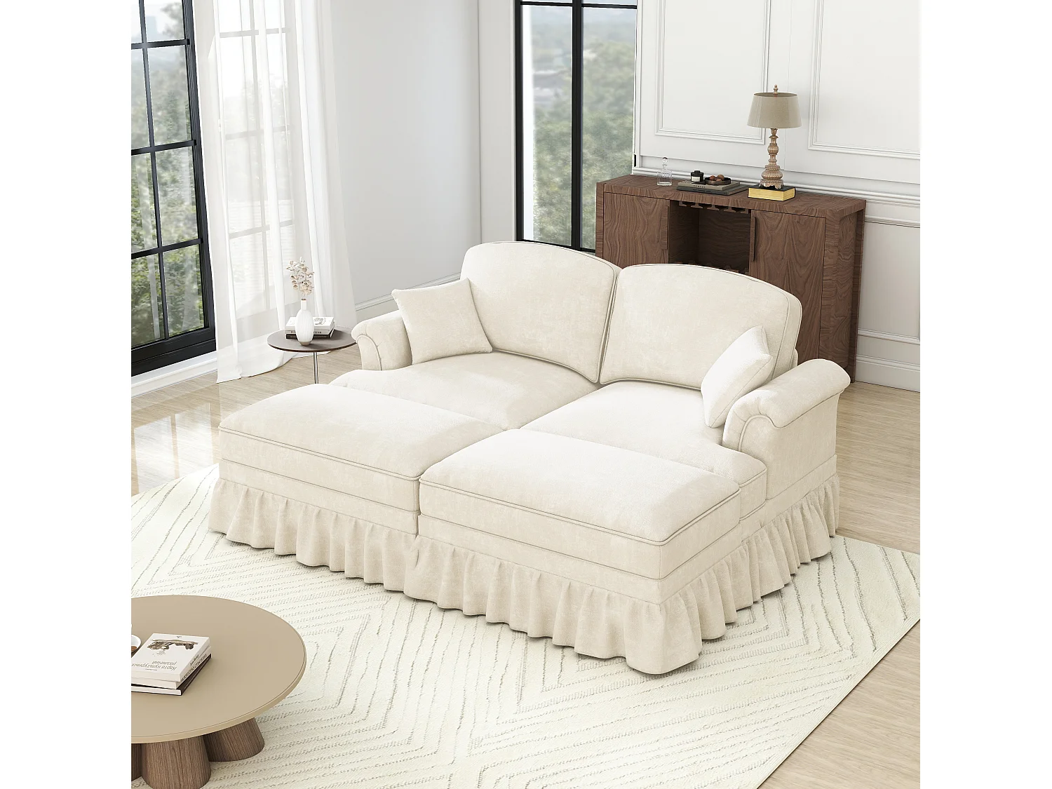 Canapé 2 places chesterfield en chenille beige - avec 2 pouf et 2 oreillers - cantonnière amovible - 194x140x93cm