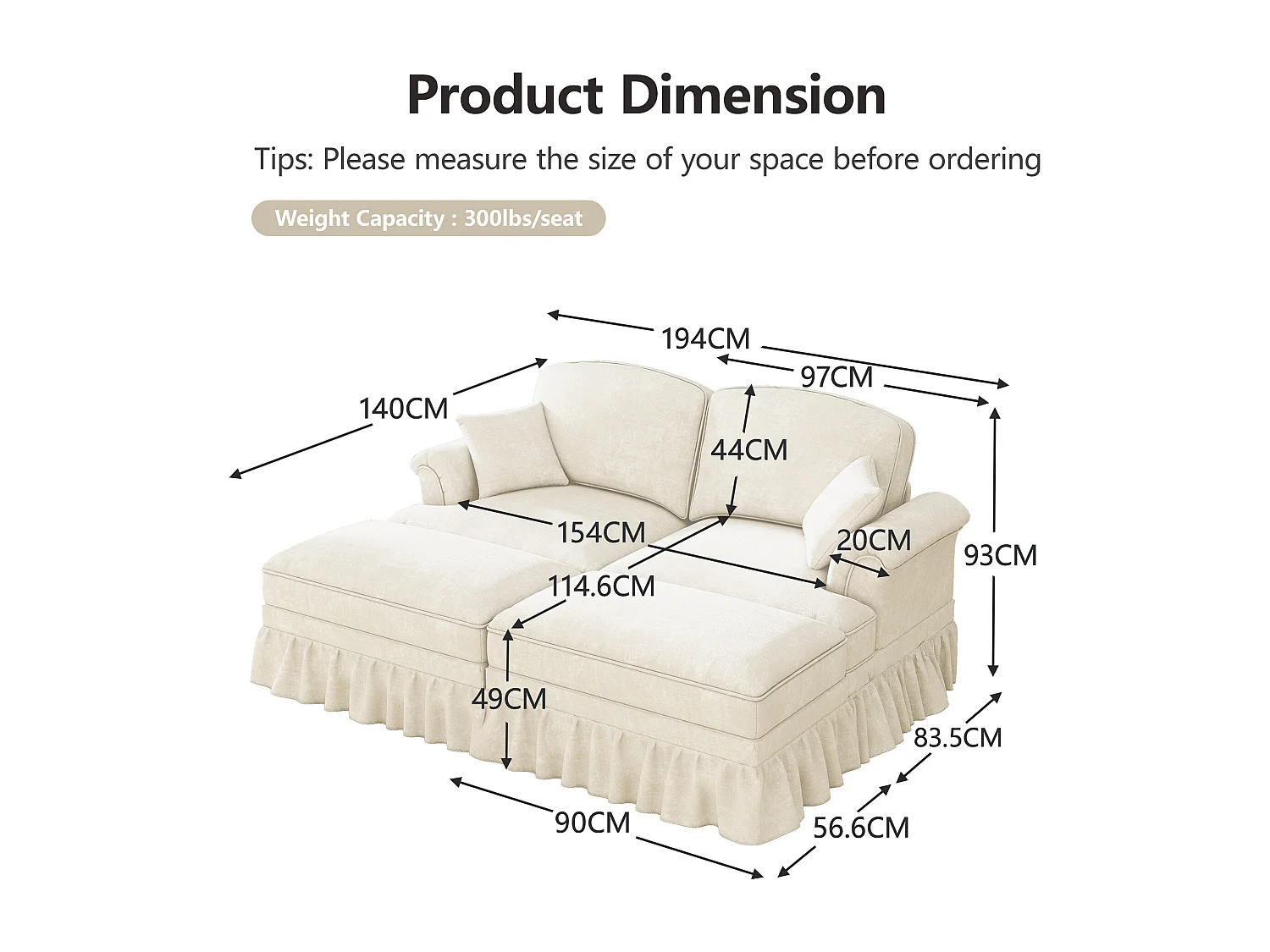 Canapé 2 places chesterfield en chenille beige - avec 2 pouf et 2 oreillers - cantonnière amovible - 194x140x93cm