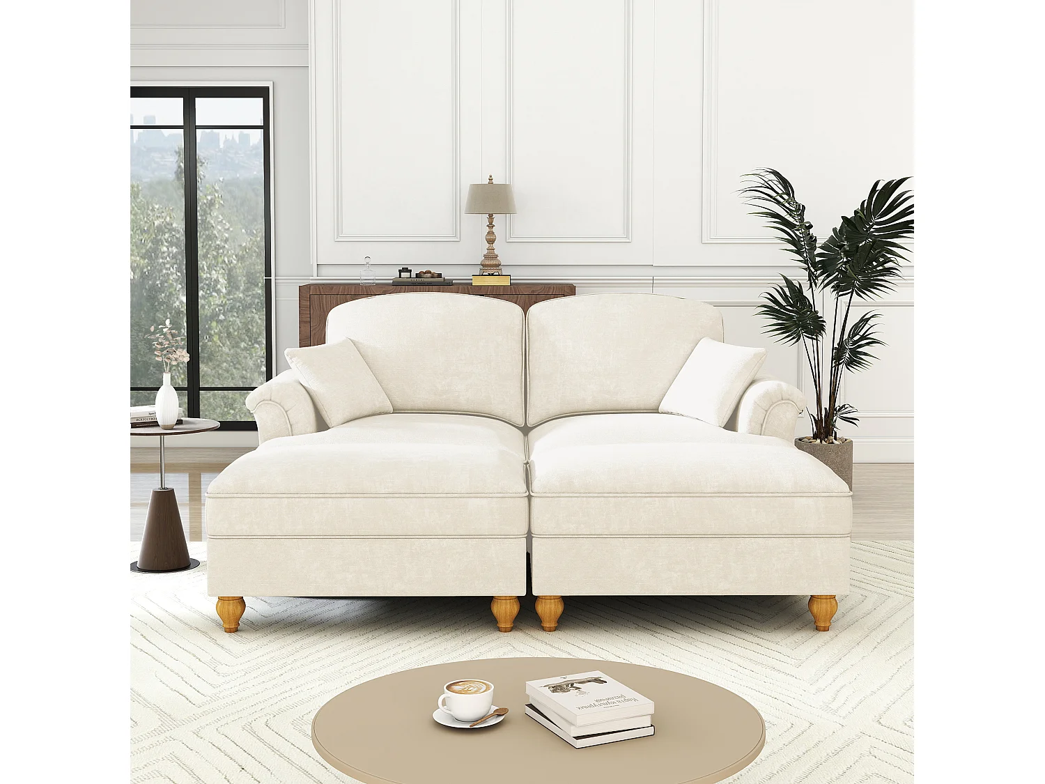 Canapé 2 places chesterfield en chenille beige - avec 2 pouf et 2 oreillers - cantonnière amovible - 194x140x93cm