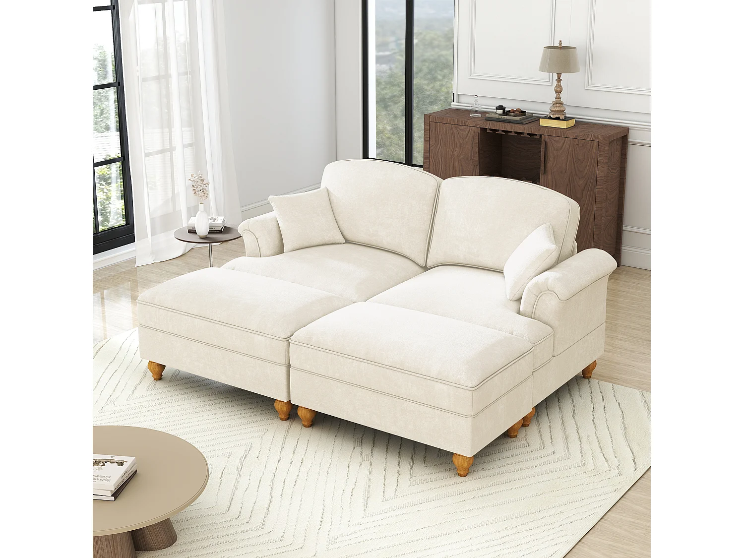 Canapé 2 places chesterfield en chenille beige - avec 2 pouf et 2 oreillers - cantonnière amovible - 194x140x93cm