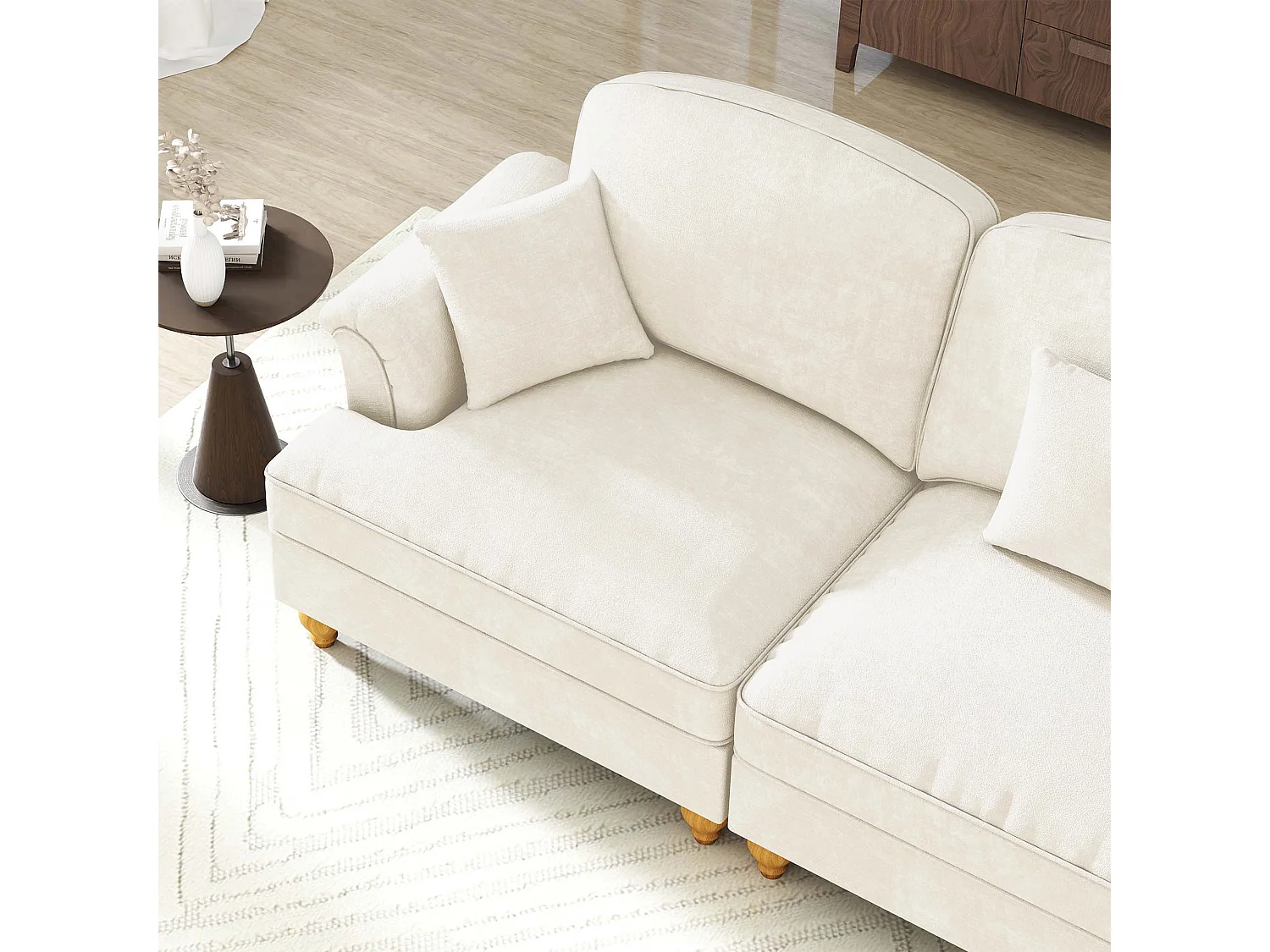Canapé 2 places chesterfield en chenille beige - avec 2 pouf et 2 oreillers - cantonnière amovible - 194x140x93cm