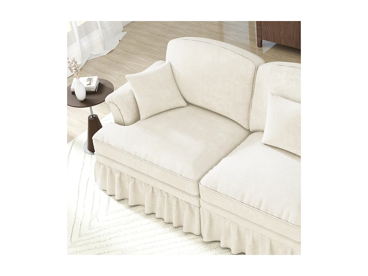 Canapé 2 places chesterfield en chenille beige - avec 2 pouf et 2 oreillers - cantonnière amovible - 194x140x93cm