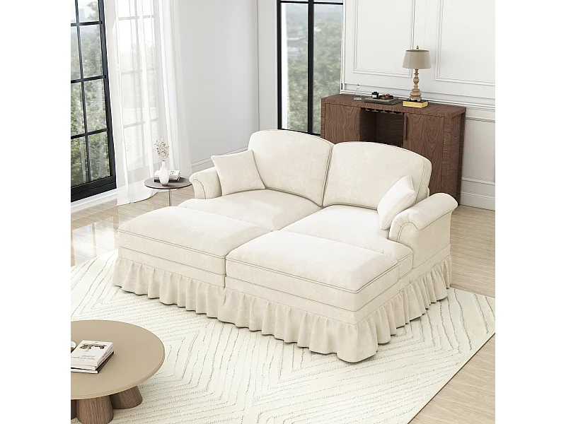 Canapé 2 places chesterfield en chenille beige - avec 2 pouf et 2 oreillers - cantonnière amovible - 194x140x93cm