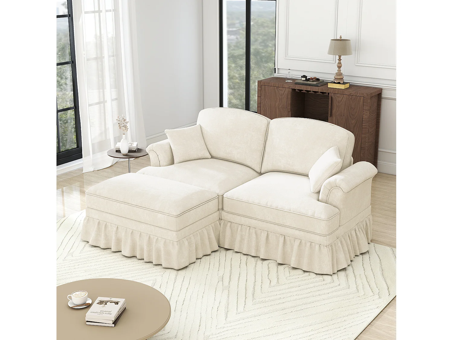 Canapé 2 places chesterfield en chenille beige - avec pouf et 2 oreillers - cantonnière amovible - 194x140x93cm