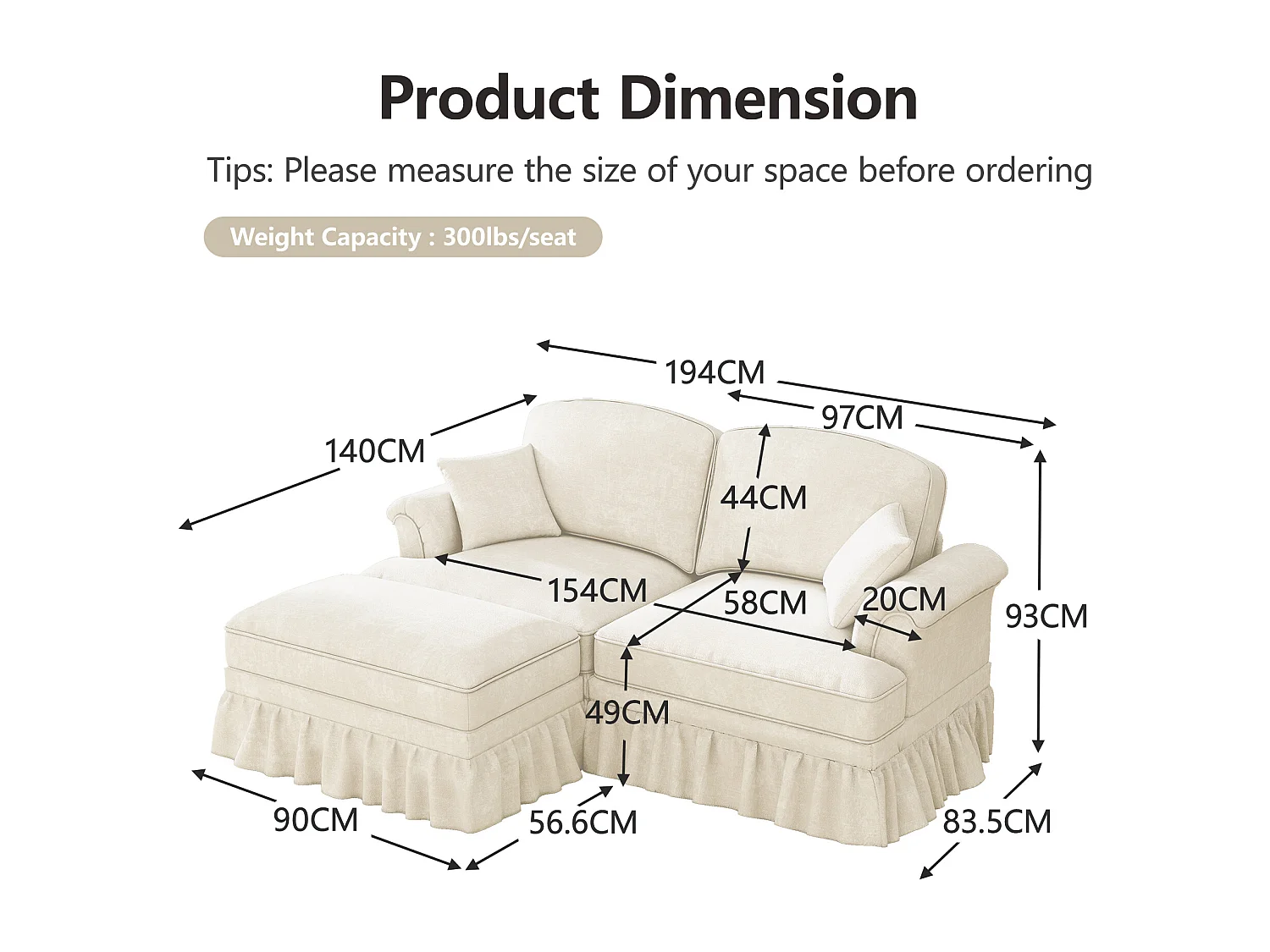 Canapé 2 places chesterfield en chenille beige - avec pouf et 2 oreillers - cantonnière amovible - 194x140x93cm