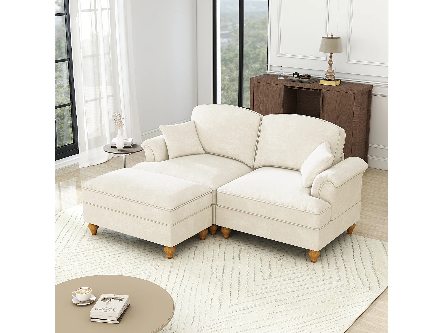 Canapé 2 places chesterfield en chenille beige - avec pouf et 2 oreillers - cantonnière amovible - 194x140x93cm