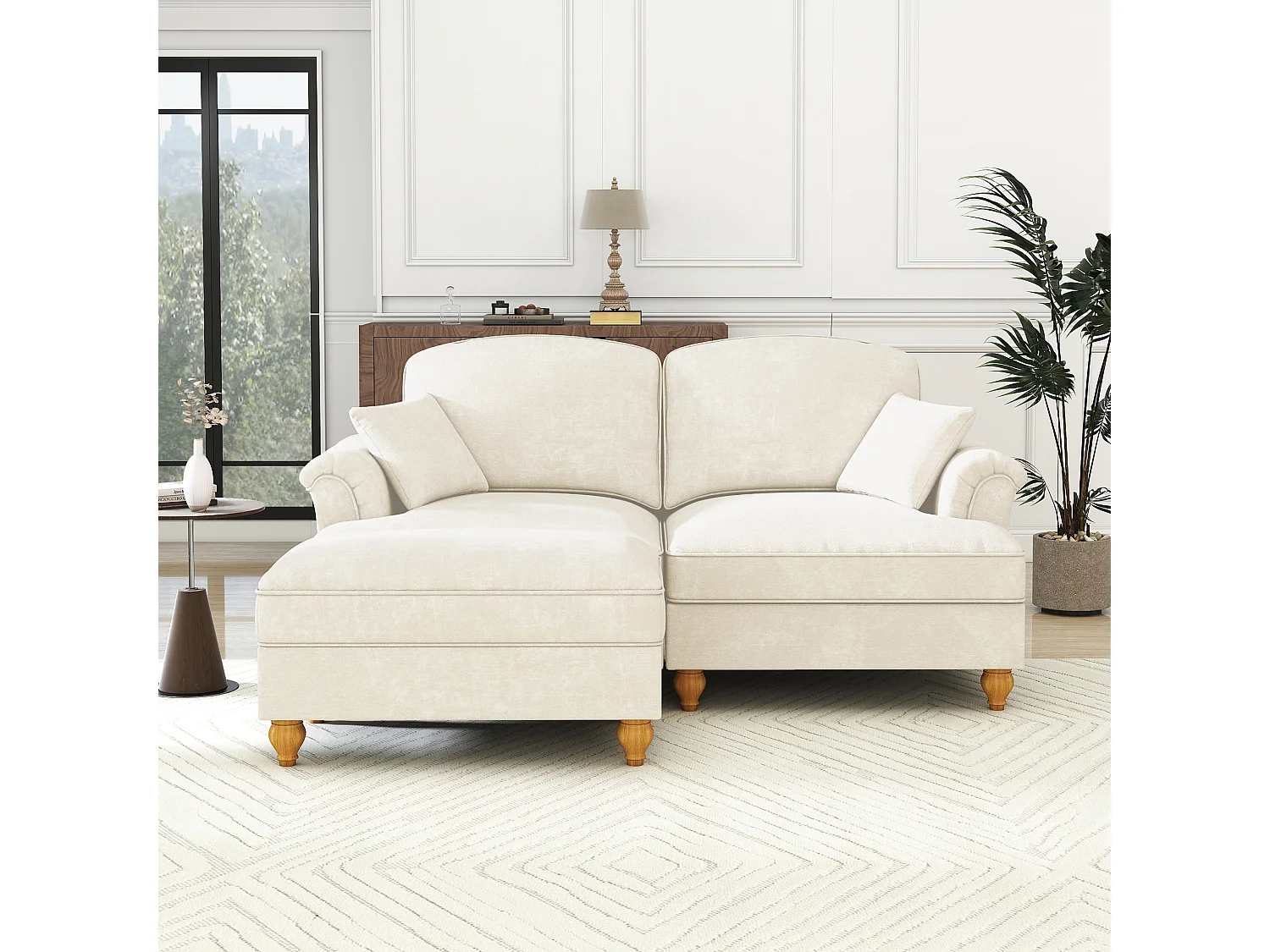 Canapé 2 places chesterfield en chenille beige - avec pouf et 2 oreillers - cantonnière amovible - 194x140x93cm
