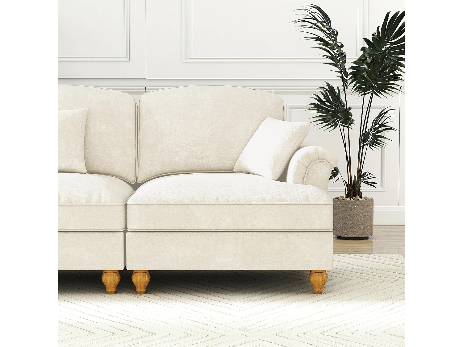 Canapé 2 places chesterfield en chenille beige - avec pouf et 2 oreillers - cantonnière amovible - 194x140x93cm