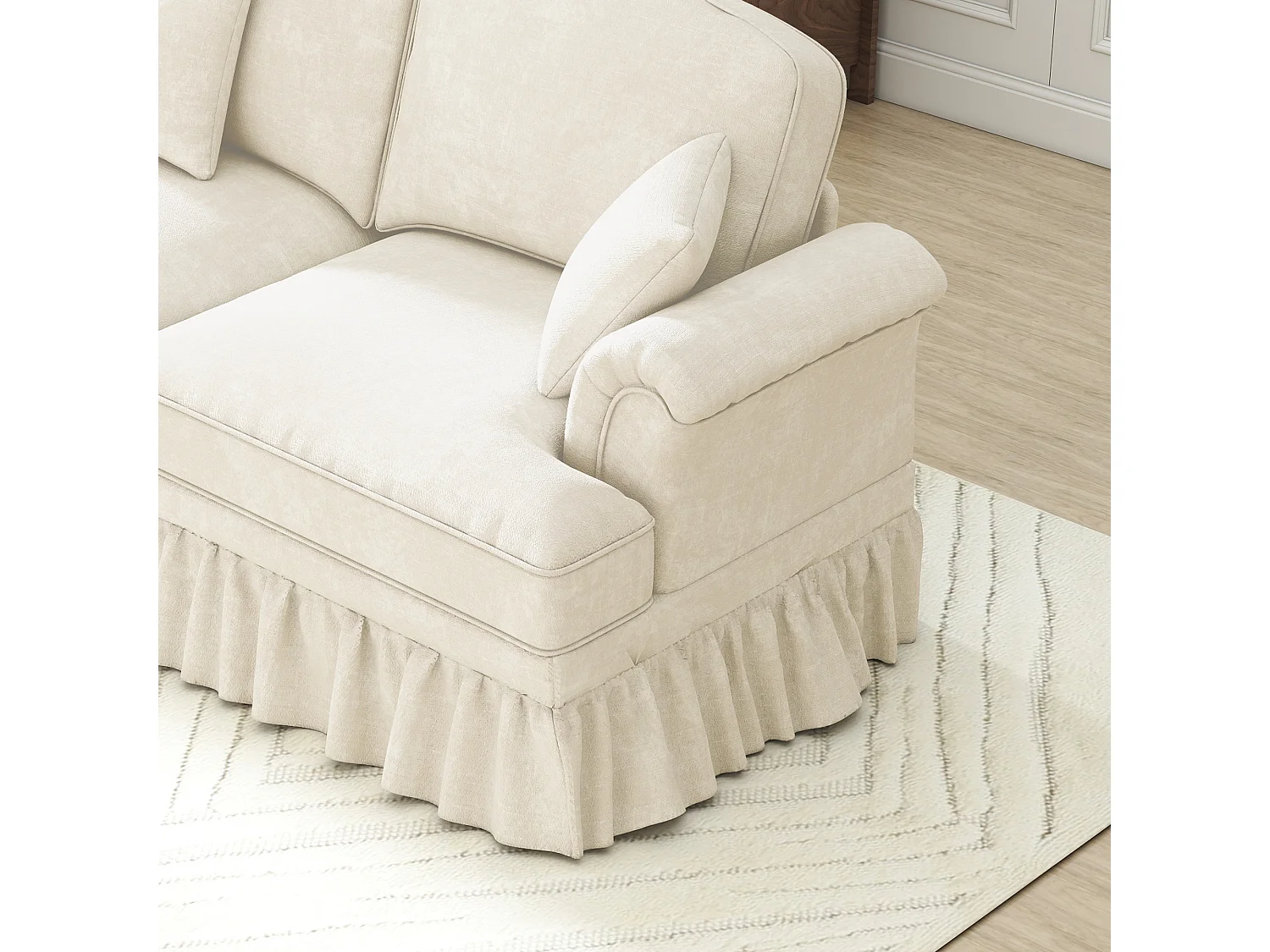 Canapé 2 places chesterfield en chenille beige - avec pouf et 2 oreillers - cantonnière amovible - 194x140x93cm