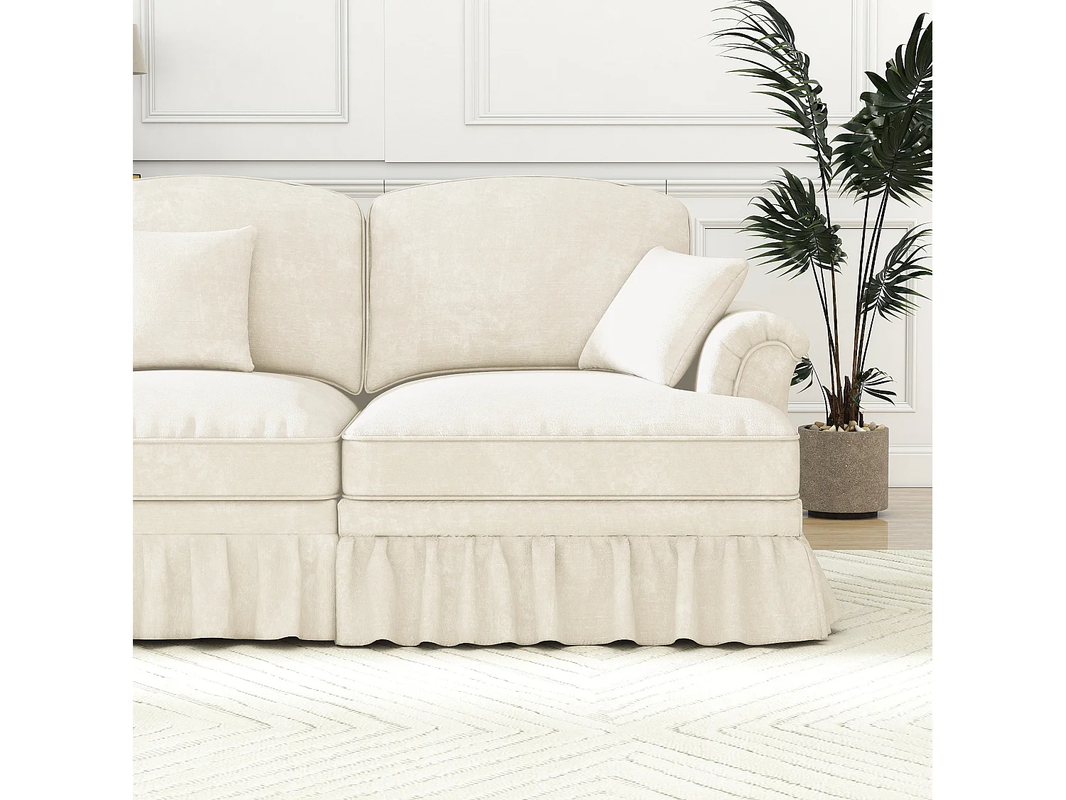 Canapé 2 places chesterfield en chenille beige - avec pouf et 2 oreillers - cantonnière amovible - 194x140x93cm